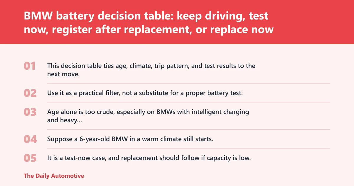 Steps: BMW battery decision table: keep driving, test now, register after replacement, or replace now