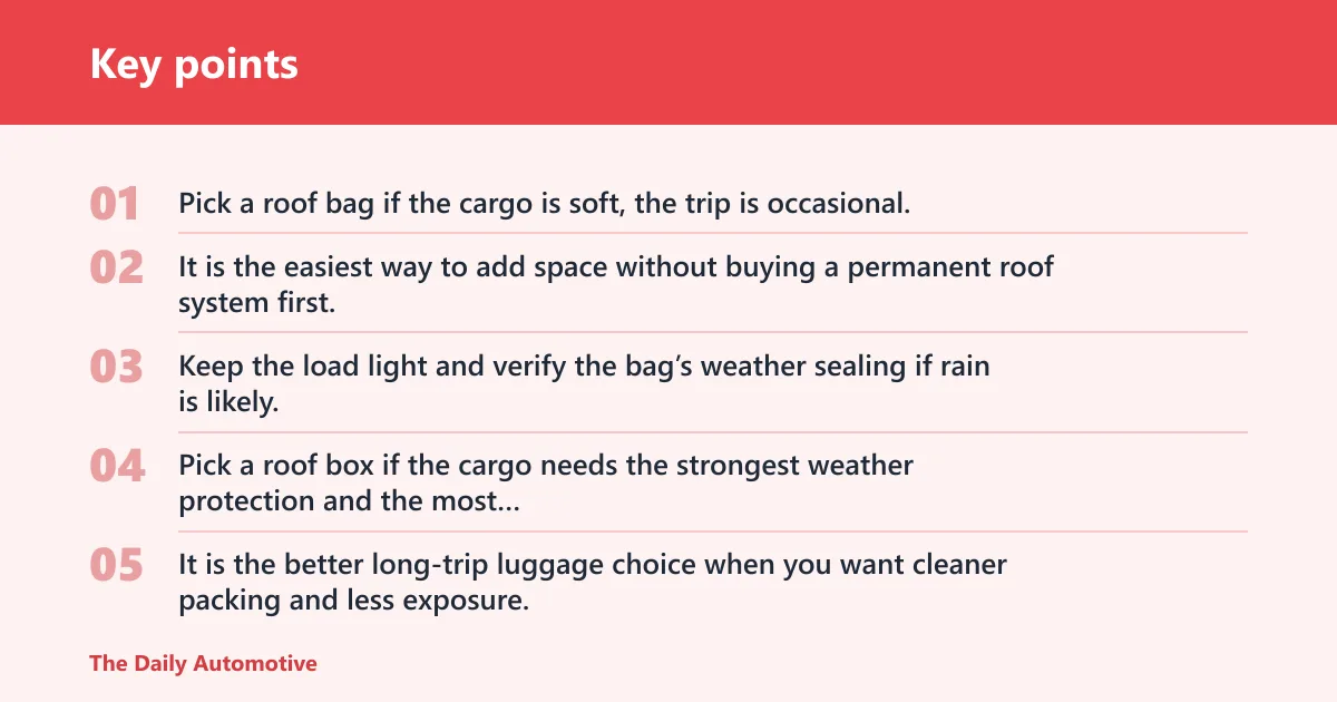 Key points: Choose roof bag if… / choose hitch carrier if…