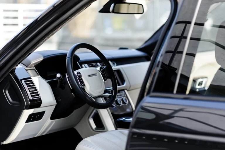 Mold cleaner for cars scene showing a moldy car interior with seats, floor mats, and cleaning supplies in natural light