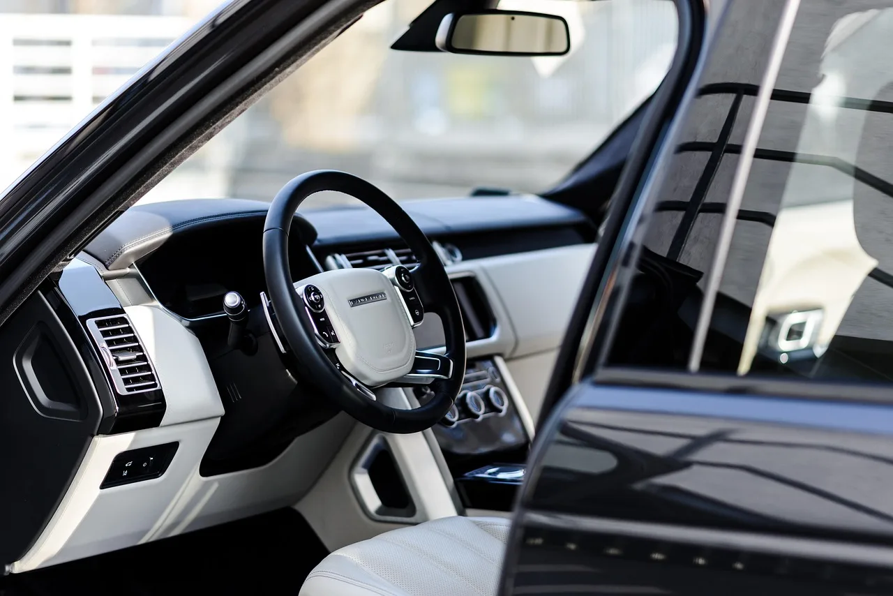 Mold cleaner for cars scene showing a moldy car interior with seats, floor mats, and cleaning supplies in natural light