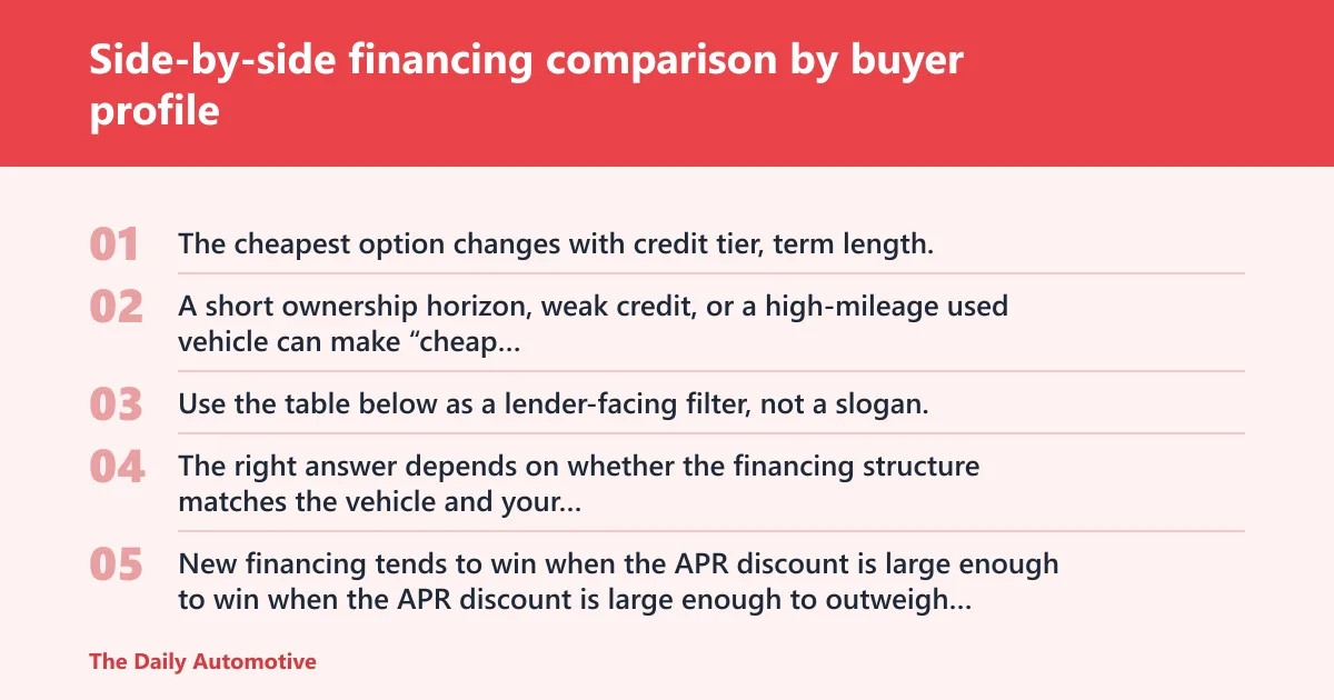 Steps: Side-by-side financing comparison by buyer profile