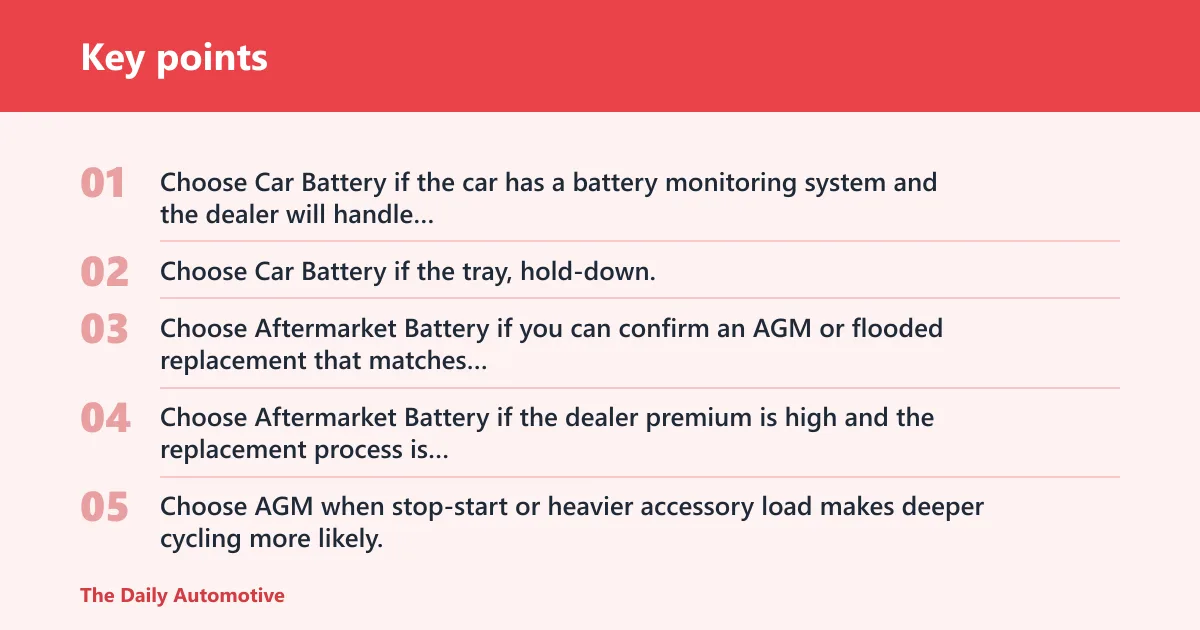 Key points: Choose Car Battery if… / Choose Aftermarket Battery if…