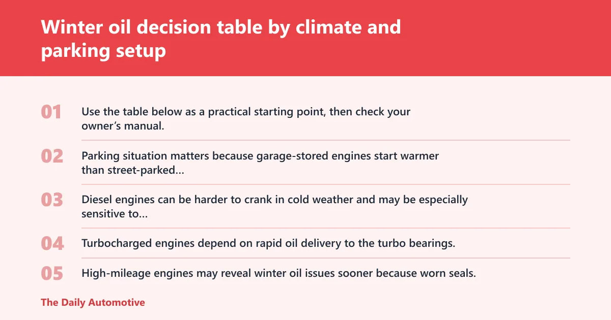 Steps: Winter oil decision table by climate and parking setup