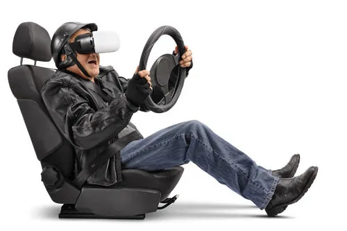 Passenger wearing an Oculus headset in the back seat of a car with the road visible through the windows