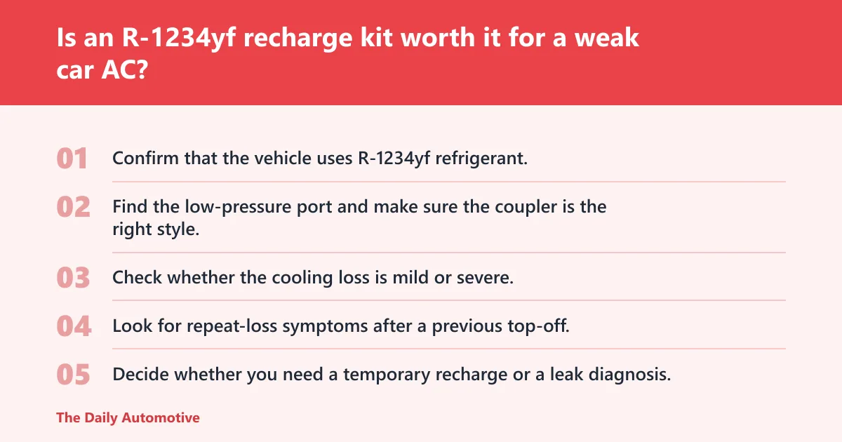 Steps: Is an R-1234yf recharge kit worth it for a weak car AC?