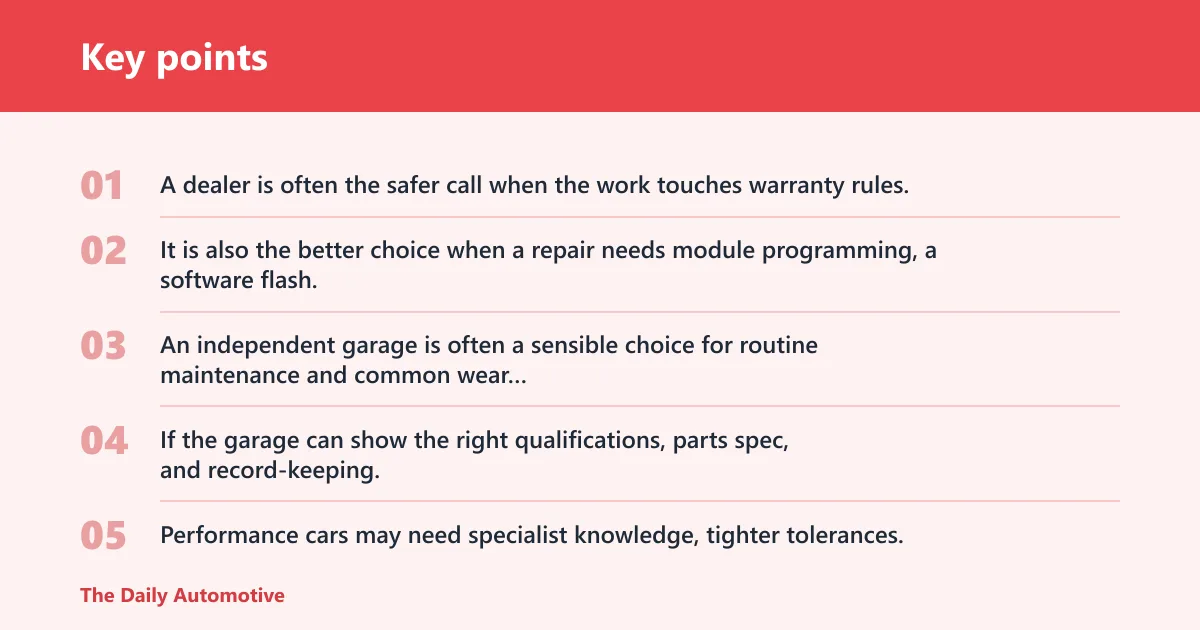 Key points: Choose dealer if… / Choose independent if…