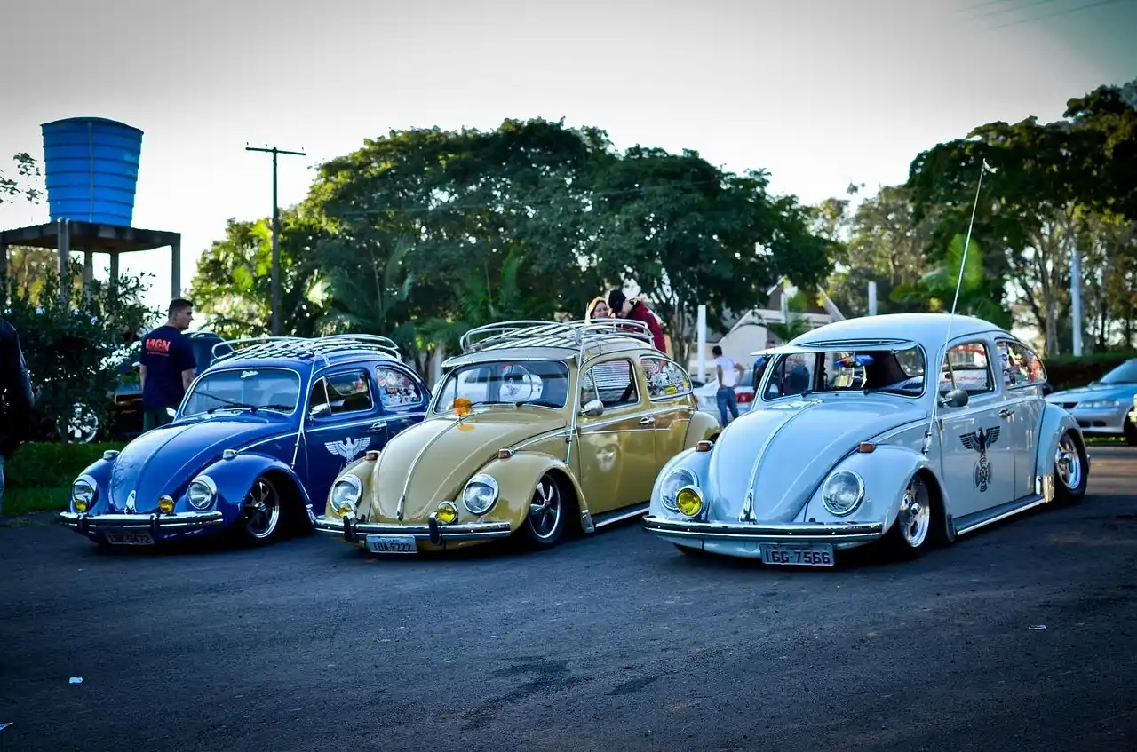 Car enthusiasts chatting beside parked vehicles at a weekend meetup in natural light