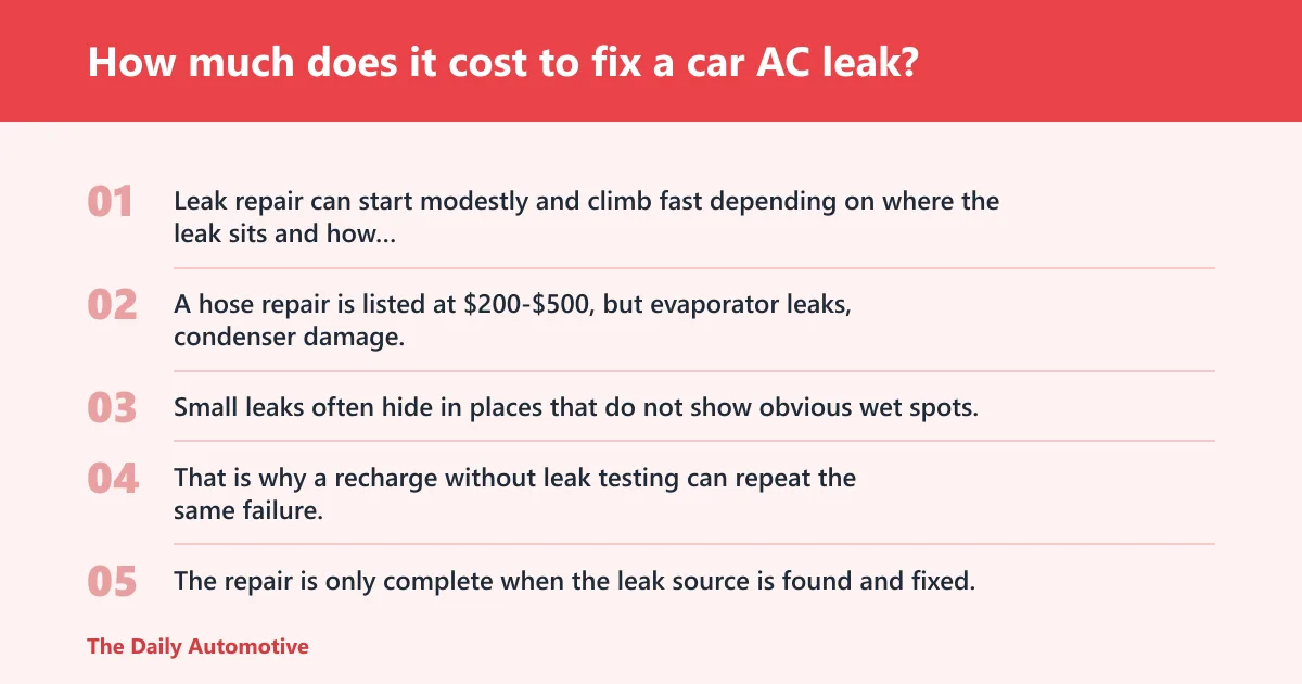 Steps: How much does it cost to fix a car AC leak?