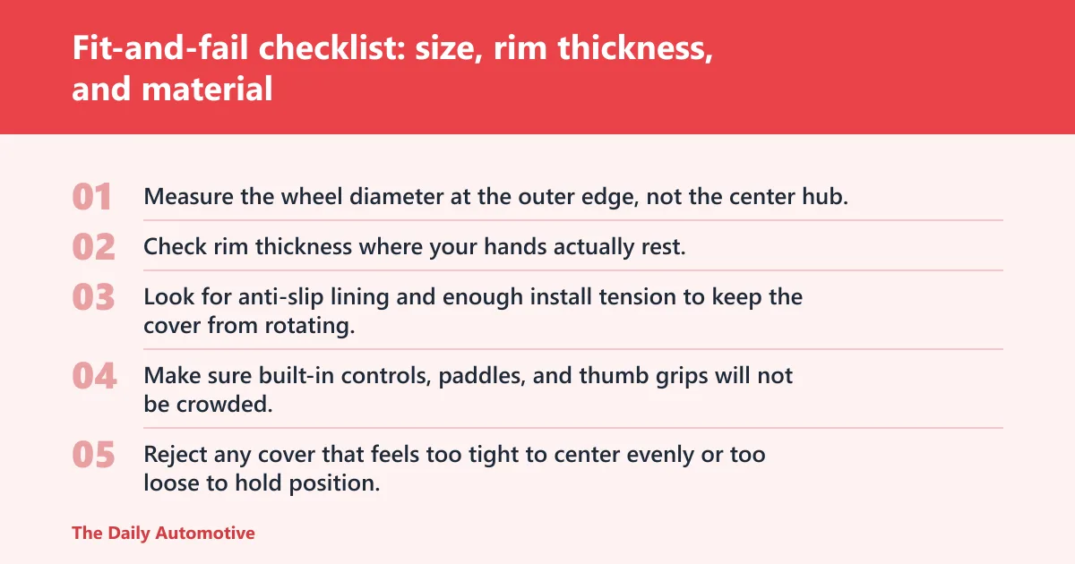 Steps: Fit-and-fail checklist: size, rim thickness, and material