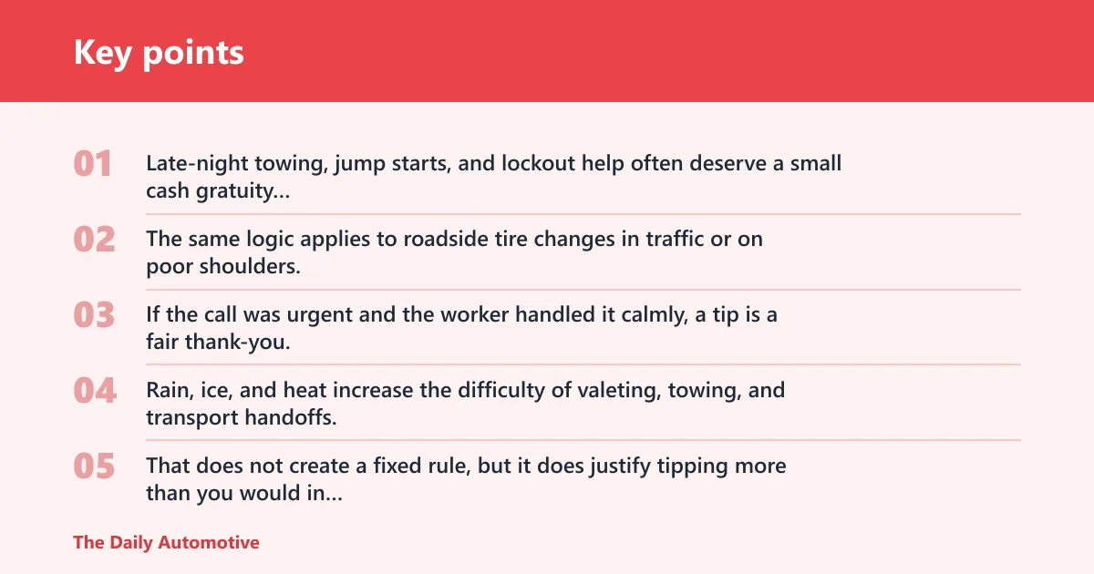 Key points: Do you tip for weather, delays, or emergency calls?