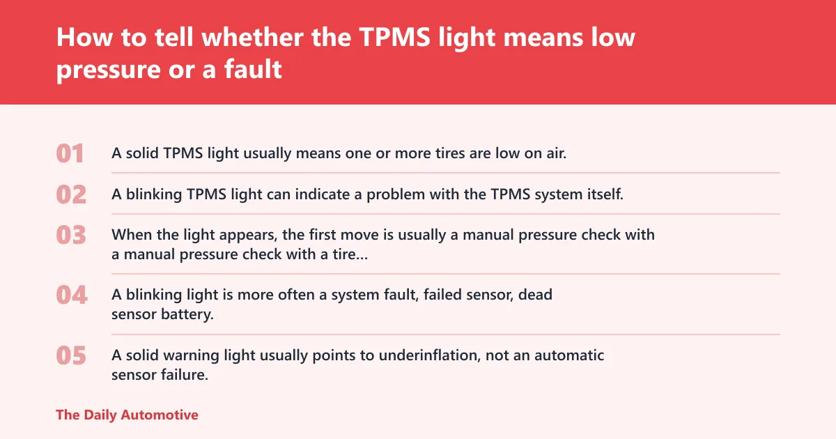 Steps: How to tell whether the TPMS light means low pressure or a fault