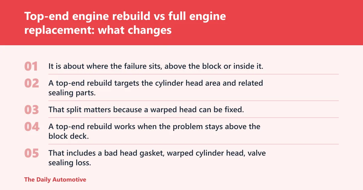 Steps: Top-end engine rebuild vs full engine replacement: what changes