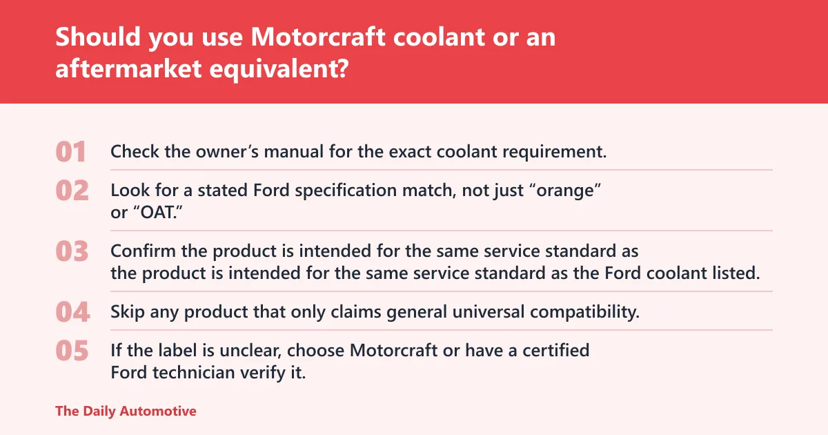 Steps: Should you use Motorcraft coolant or an aftermarket equivalent?