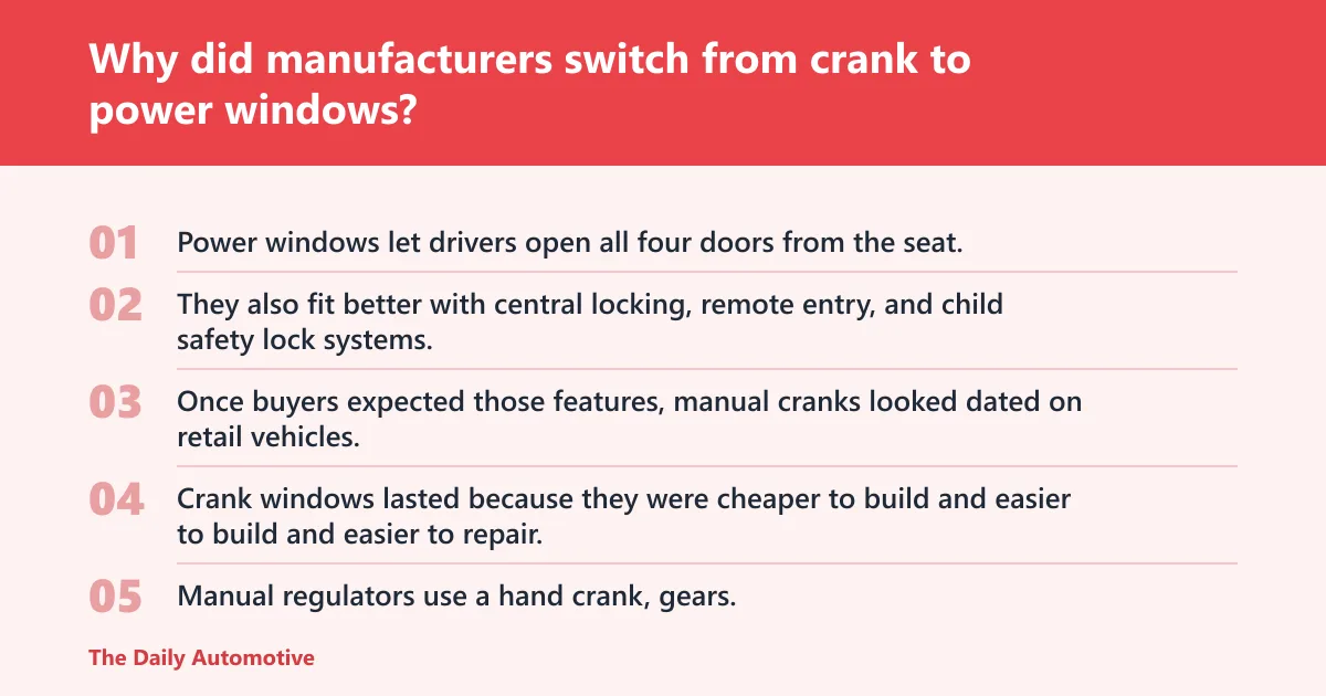 Steps: Why did manufacturers switch from crank to power windows?