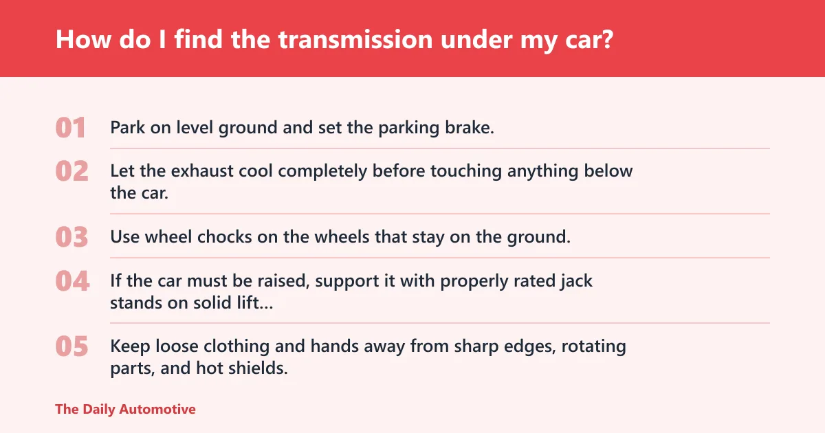 Steps: How do I find the transmission under my car?
