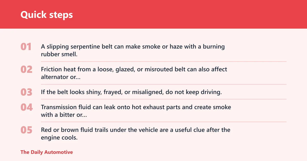 Quick steps: Belt, hose, and fluid leaks to check first